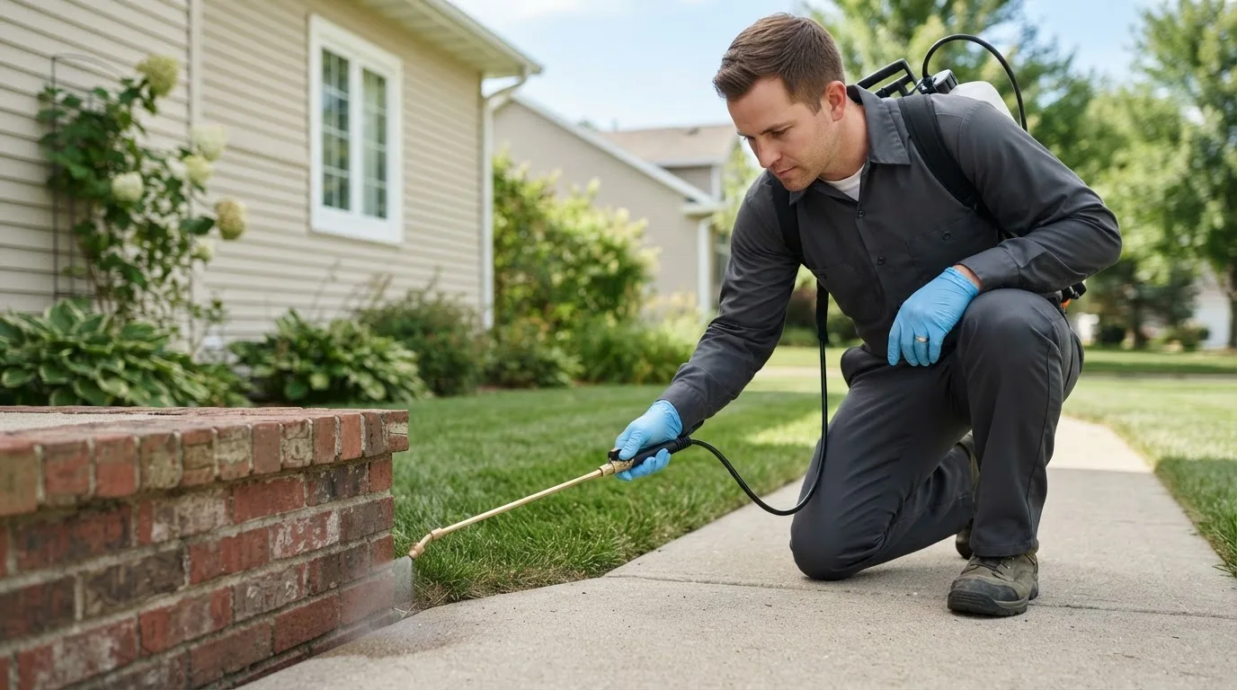 Pest control technician treating a home near University Park, IA