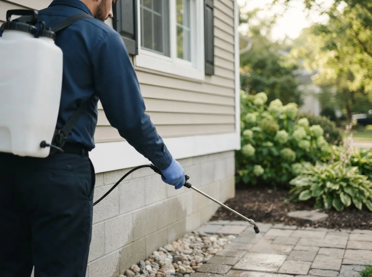 Pest control technician inspecting a home in University Park, IA
